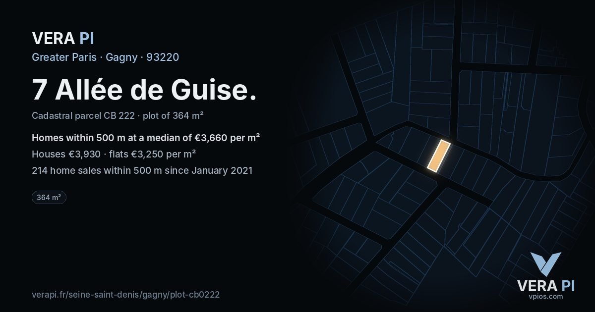 7 Allée de Guise, Gagny at night – the plot lit, the parcels around coloured by the prices near them