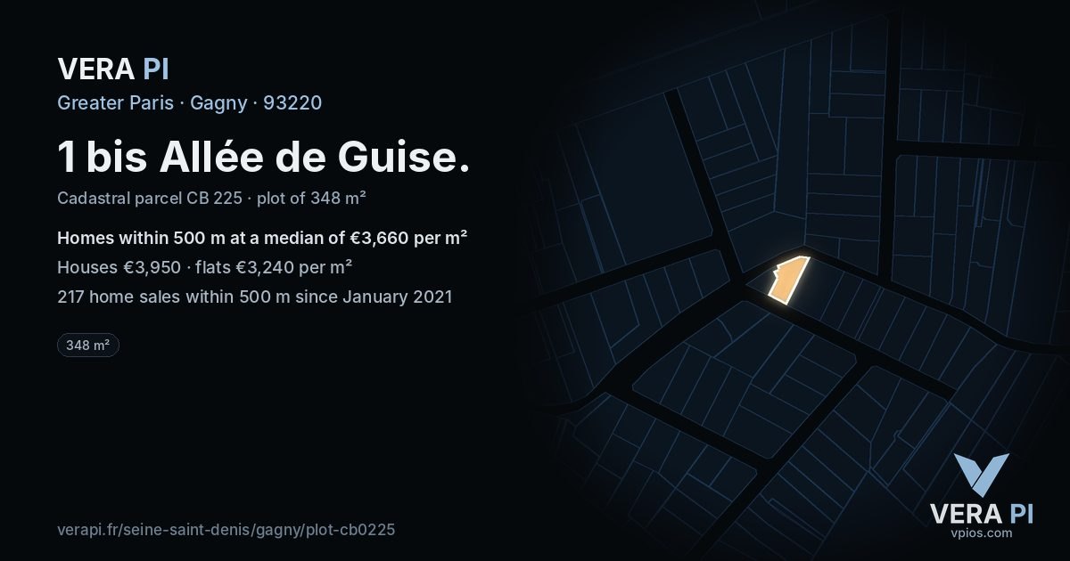 1 bis Allée de Guise, Gagny at night – the plot lit, the parcels around coloured by the prices near them