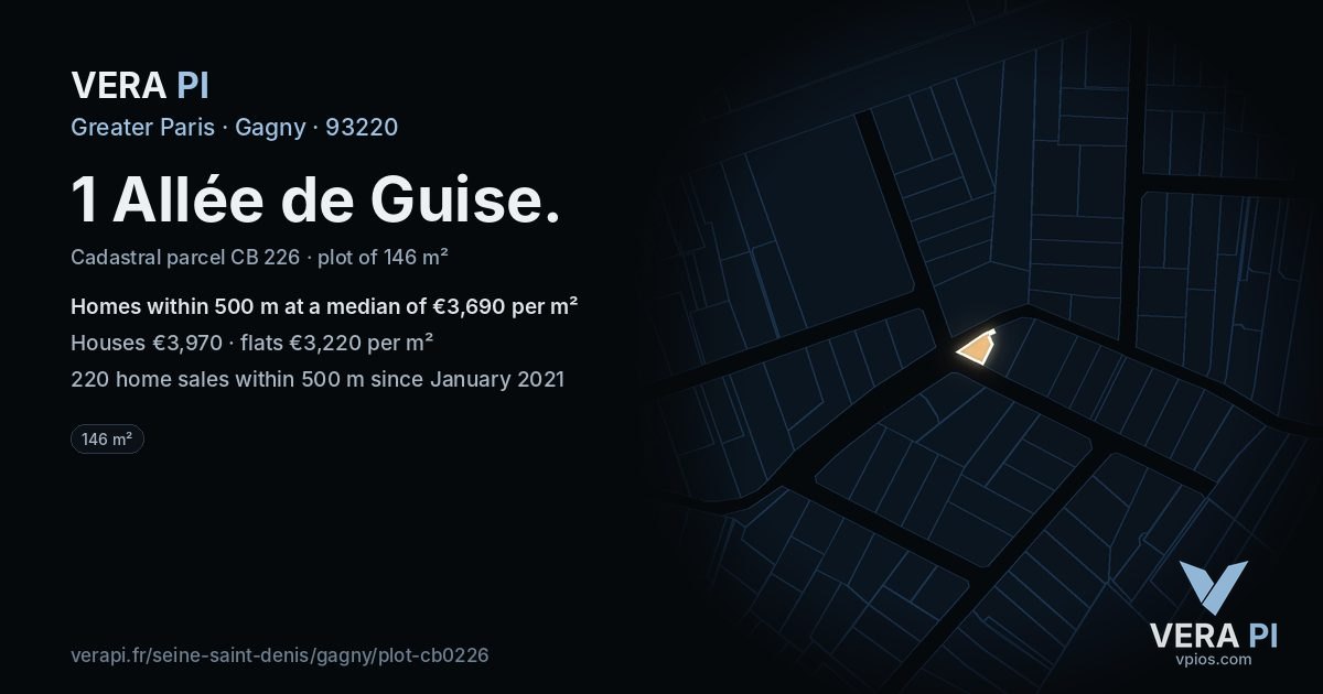 1 Allée de Guise, Gagny at night – the plot lit, the parcels around coloured by the prices near them