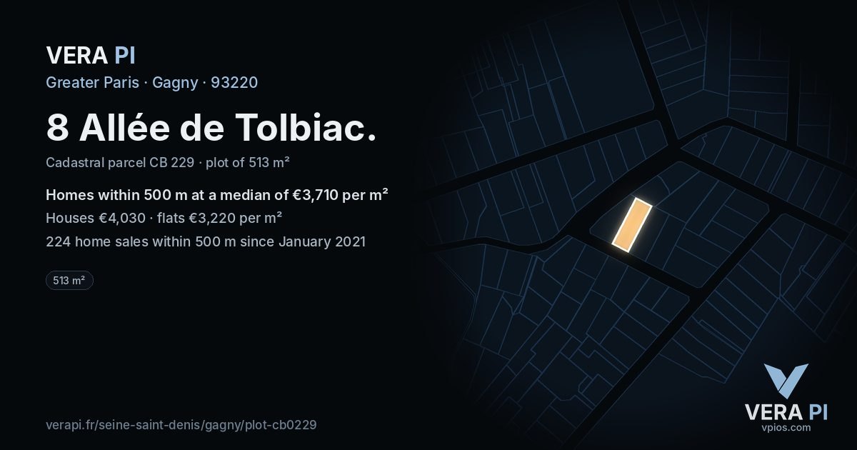 8 Allée de Tolbiac, Gagny at night – the plot lit, the parcels around coloured by the prices near them