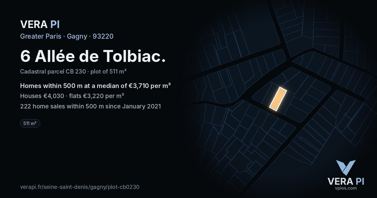 6 Allée de Tolbiac, Gagny at night – the plot lit, the parcels around coloured by the prices near them