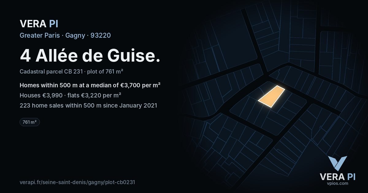 4 Allée de Guise, Gagny at night – the plot lit, the parcels around coloured by the prices near them