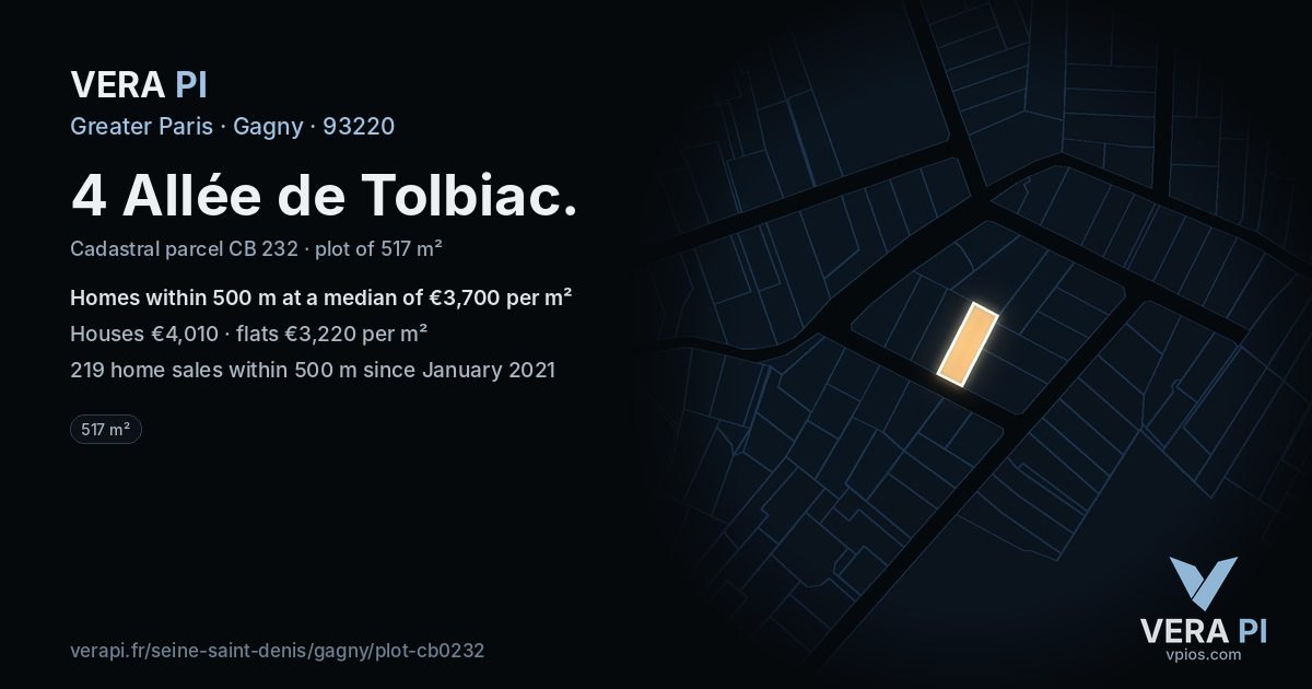 4 Allée de Tolbiac, Gagny at night – the plot lit, the parcels around coloured by the prices near them