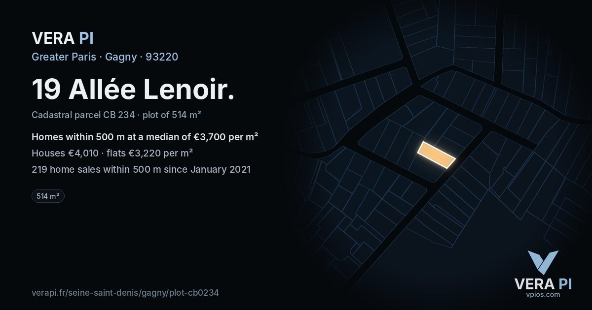 19 Allée Lenoir, Gagny at night – the plot lit, the parcels around coloured by the prices near them