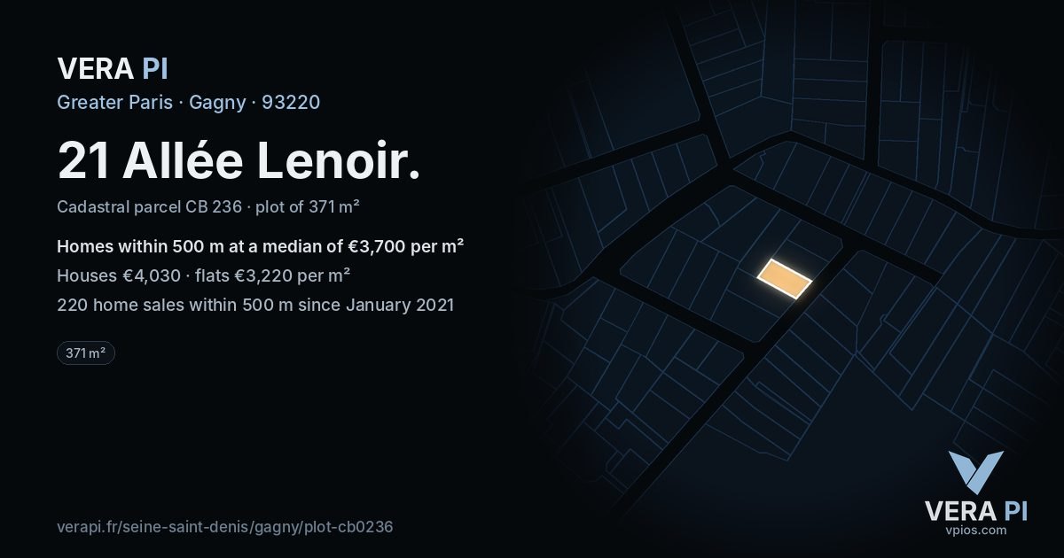 21 Allée Lenoir, Gagny at night – the plot lit, the parcels around coloured by the prices near them