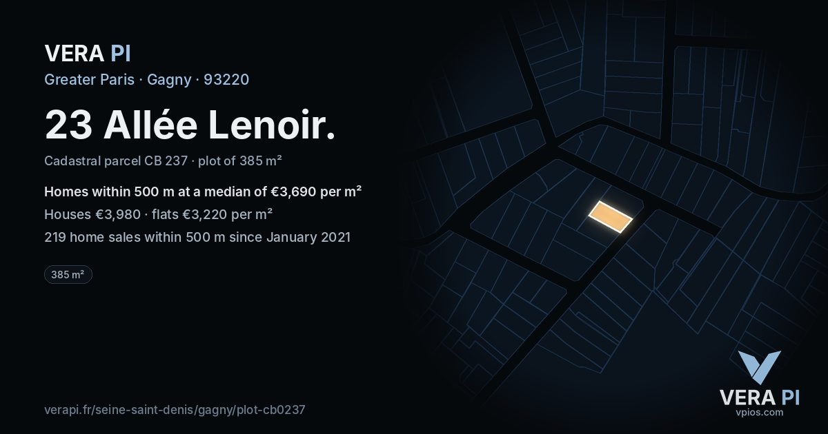 23 Allée Lenoir, Gagny at night – the plot lit, the parcels around coloured by the prices near them