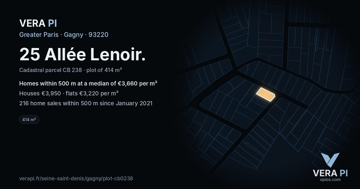 25 Allée Lenoir, Gagny at night – the plot lit, the parcels around coloured by the prices near them