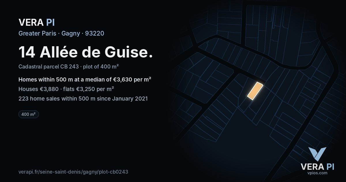 14 Allée de Guise, Gagny at night – the plot lit, the parcels around coloured by the prices near them