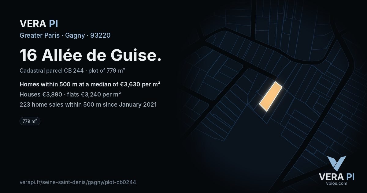 16 Allée de Guise, Gagny at night – the plot lit, the parcels around coloured by the prices near them