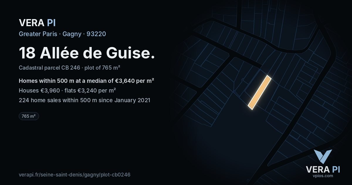 18 Allée de Guise, Gagny at night – the plot lit, the parcels around coloured by the prices near them