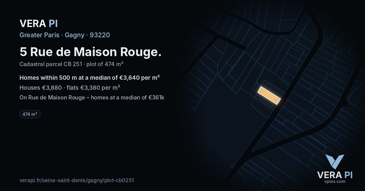 5 Rue de Maison Rouge, Gagny at night – the plot lit, the parcels around coloured by the prices near them