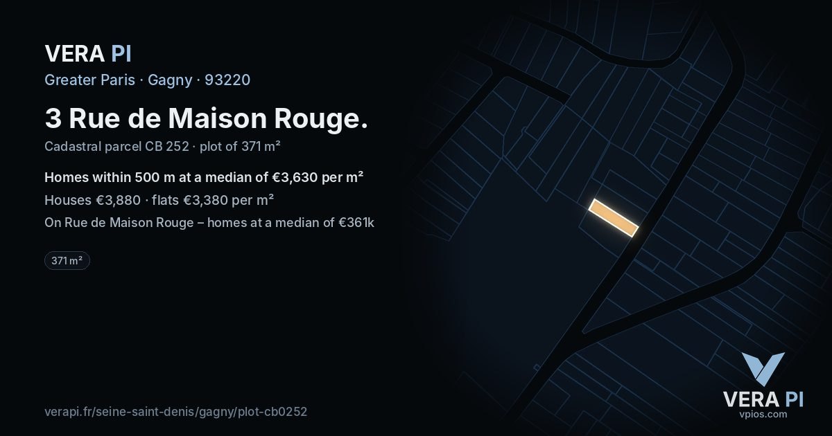 3 Rue de Maison Rouge, Gagny at night – the plot lit, the parcels around coloured by the prices near them