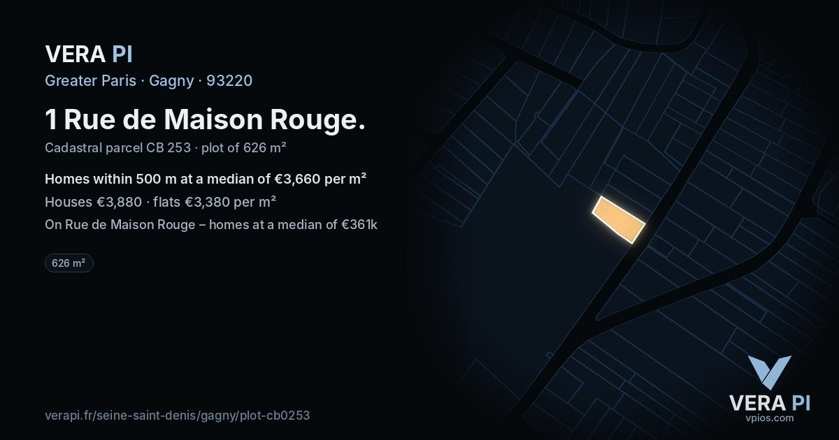 1 Rue de Maison Rouge, Gagny at night – the plot lit, the parcels around coloured by the prices near them