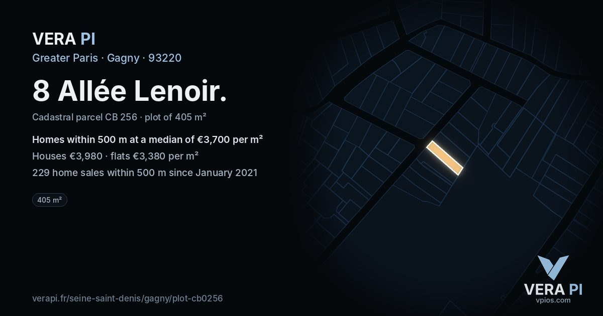 8 Allée Lenoir, Gagny at night – the plot lit, the parcels around coloured by the prices near them