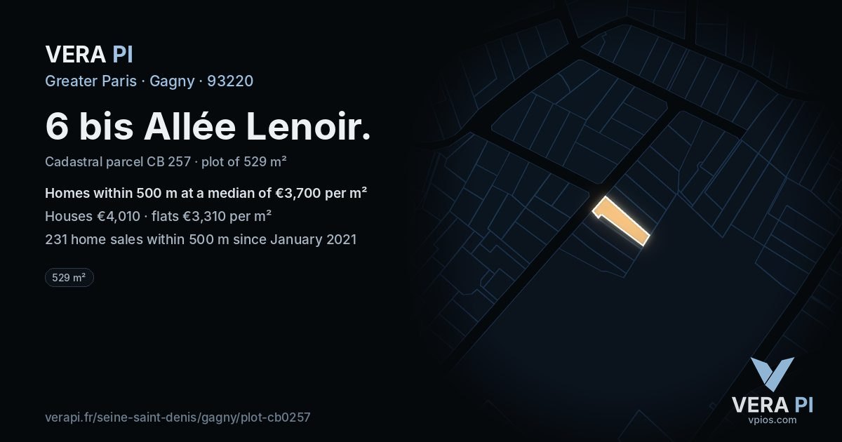 6 bis Allée Lenoir, Gagny at night – the plot lit, the parcels around coloured by the prices near them