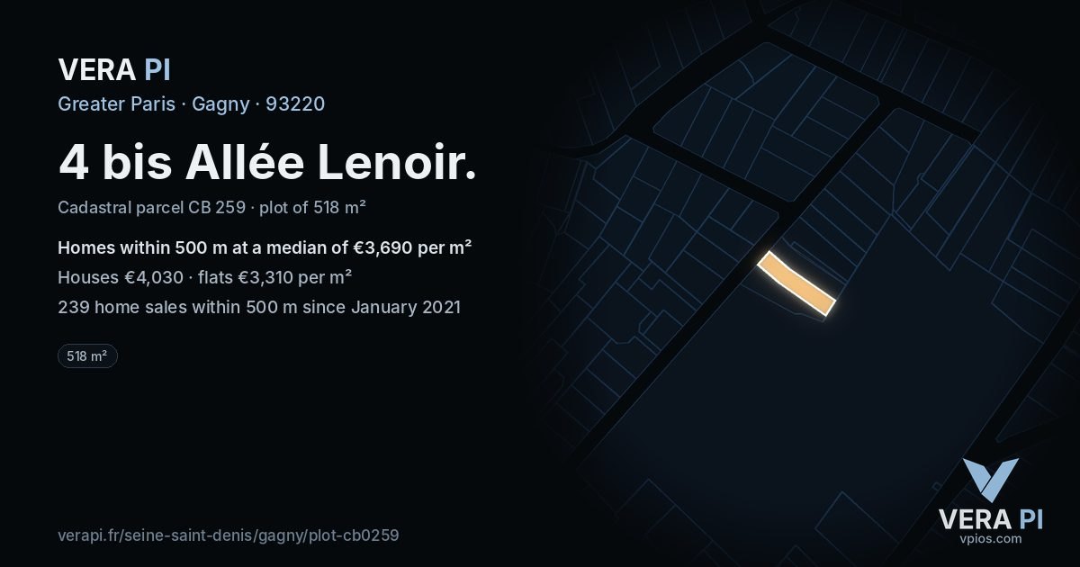 4 bis Allée Lenoir, Gagny at night – the plot lit, the parcels around coloured by the prices near them