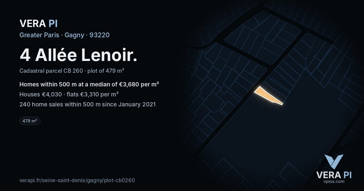 4 Allée Lenoir, Gagny at night – the plot lit, the parcels around coloured by the prices near them