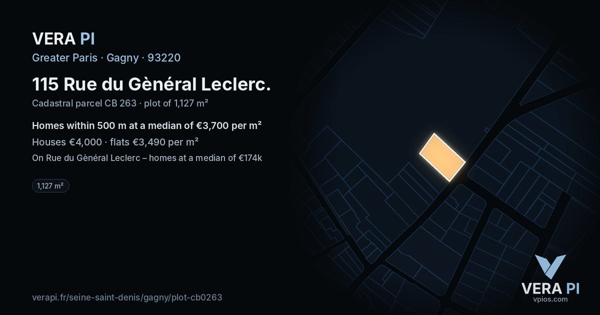 115 Rue du Gènéral Leclerc, Gagny at night – the plot lit, the parcels around coloured by the prices near them