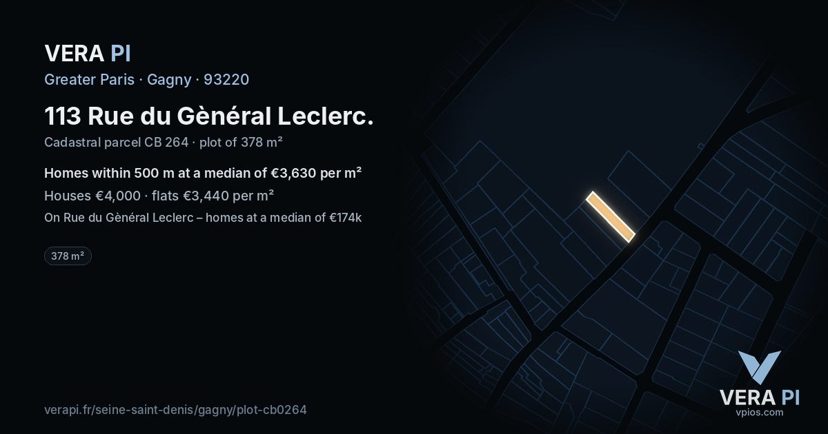 113 Rue du Gènéral Leclerc, Gagny at night – the plot lit, the parcels around coloured by the prices near them