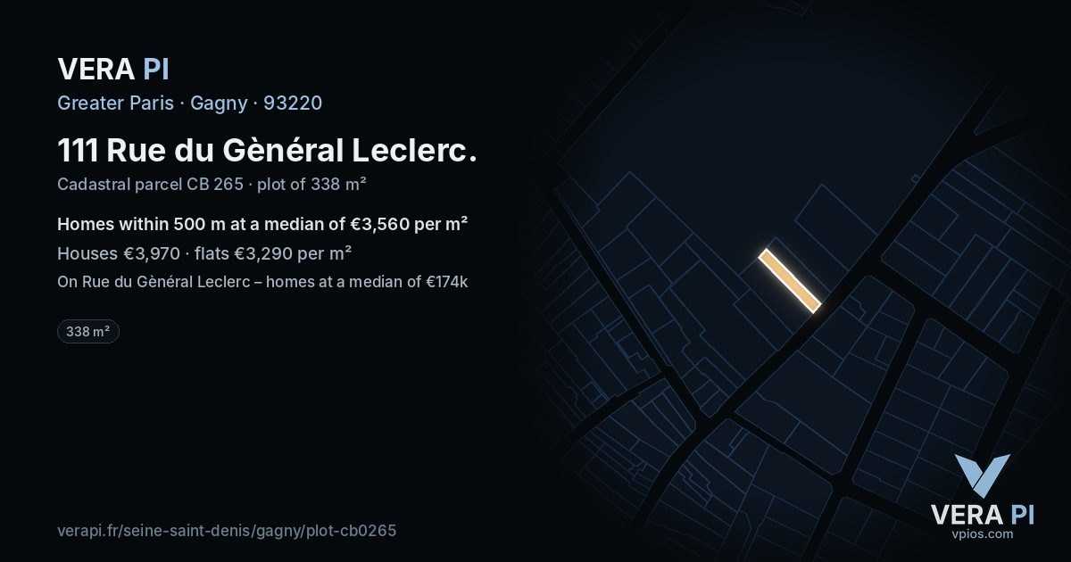 111 Rue du Gènéral Leclerc, Gagny at night – the plot lit, the parcels around coloured by the prices near them