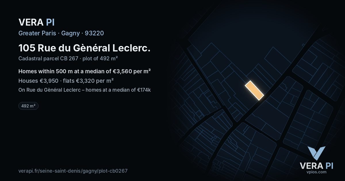 105 Rue du Gènéral Leclerc, Gagny at night – the plot lit, the parcels around coloured by the prices near them