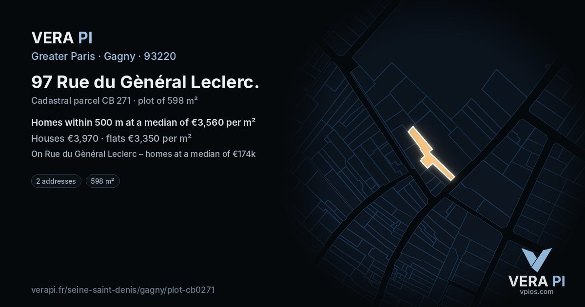 97 Rue du Gènéral Leclerc, Gagny at night – the plot lit, the parcels around coloured by the prices near them
