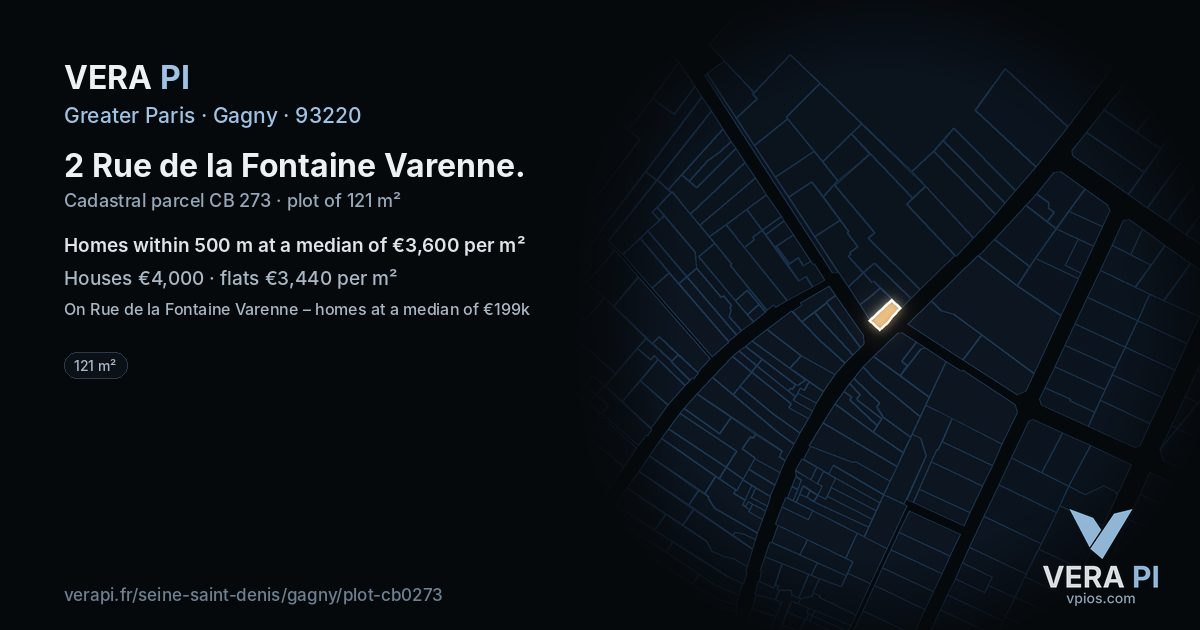 2 Rue de la Fontaine Varenne, Gagny at night – the plot lit, the parcels around coloured by the prices near them