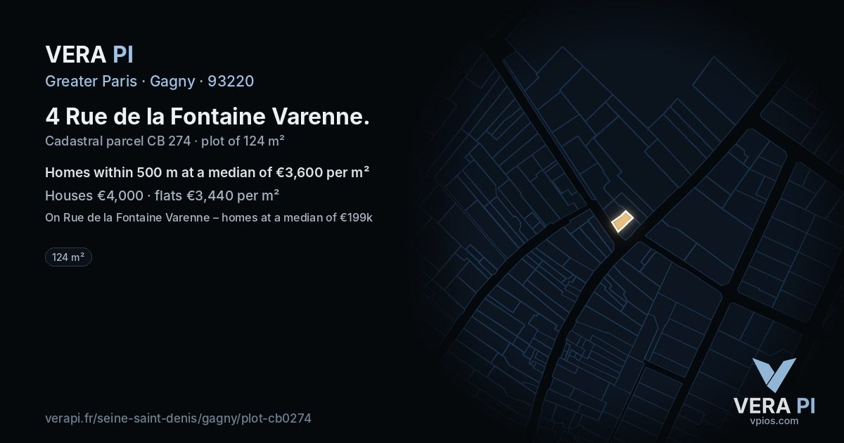 4 Rue de la Fontaine Varenne, Gagny at night – the plot lit, the parcels around coloured by the prices near them