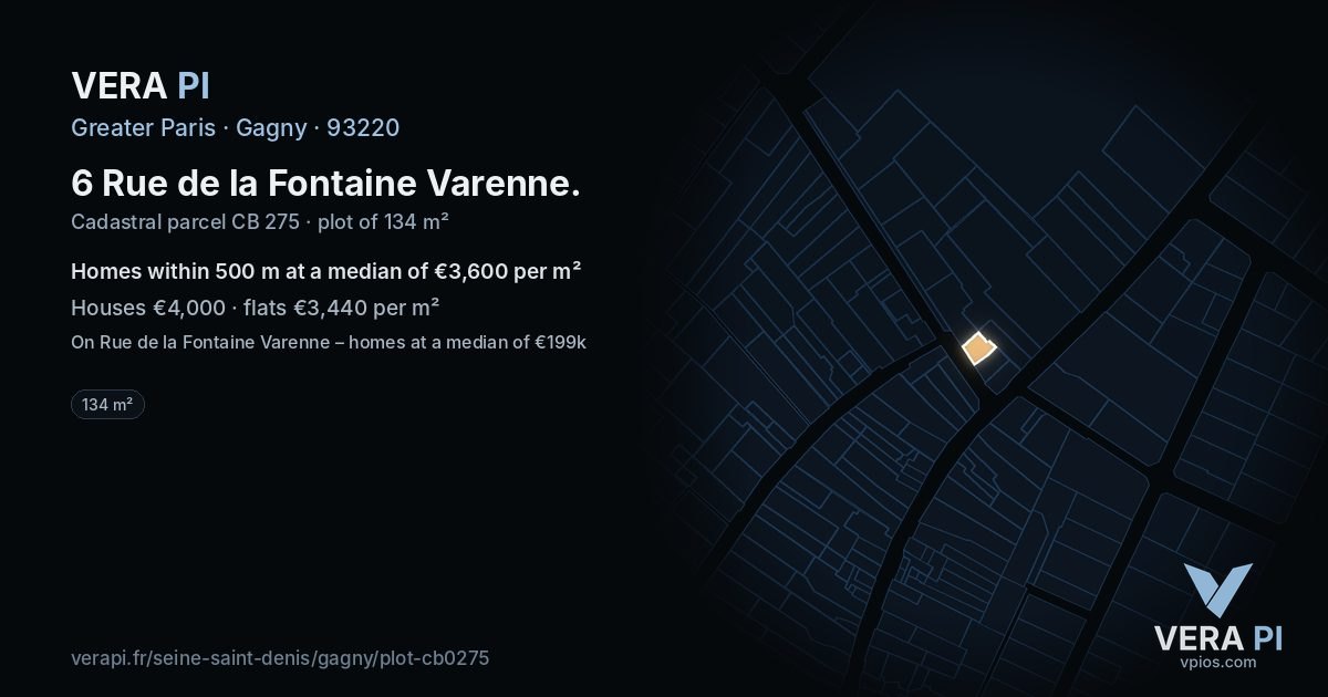 6 Rue de la Fontaine Varenne, Gagny at night – the plot lit, the parcels around coloured by the prices near them