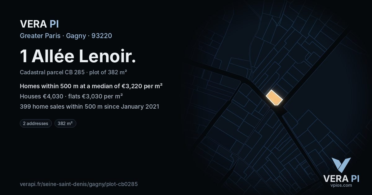 1 Allée Lenoir, Gagny at night – the plot lit, the parcels around coloured by the prices near them
