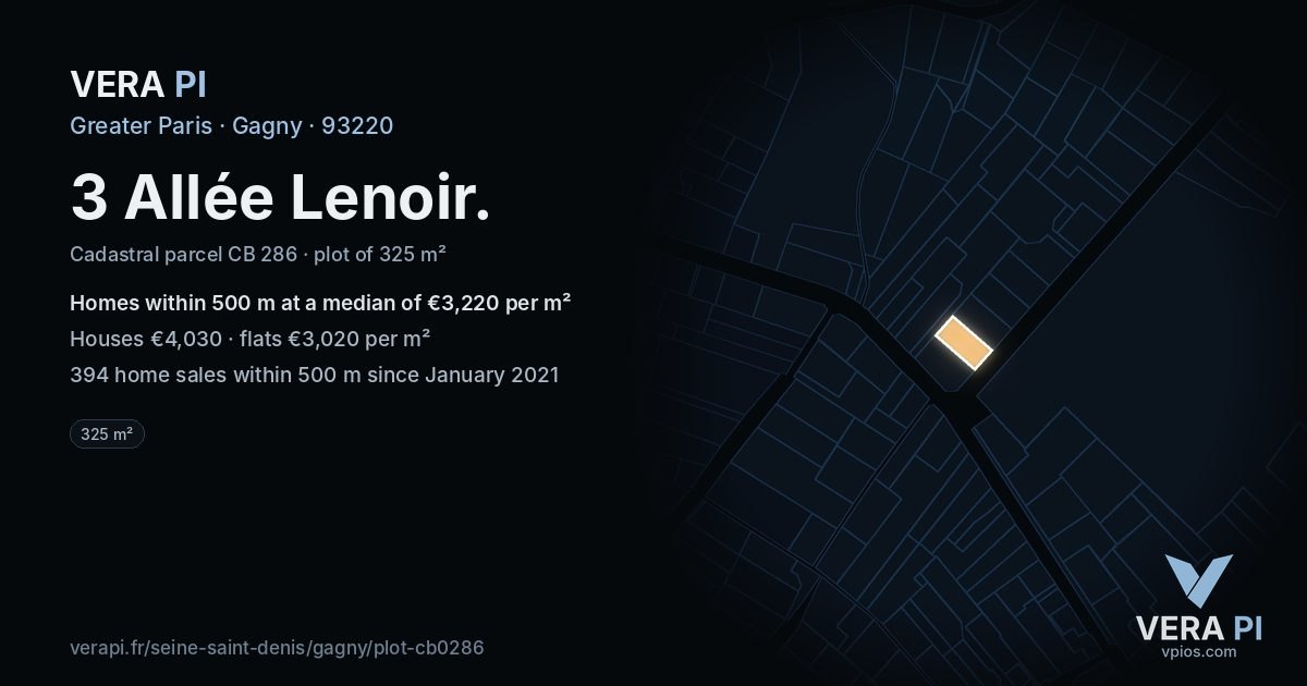 3 Allée Lenoir, Gagny at night – the plot lit, the parcels around coloured by the prices near them