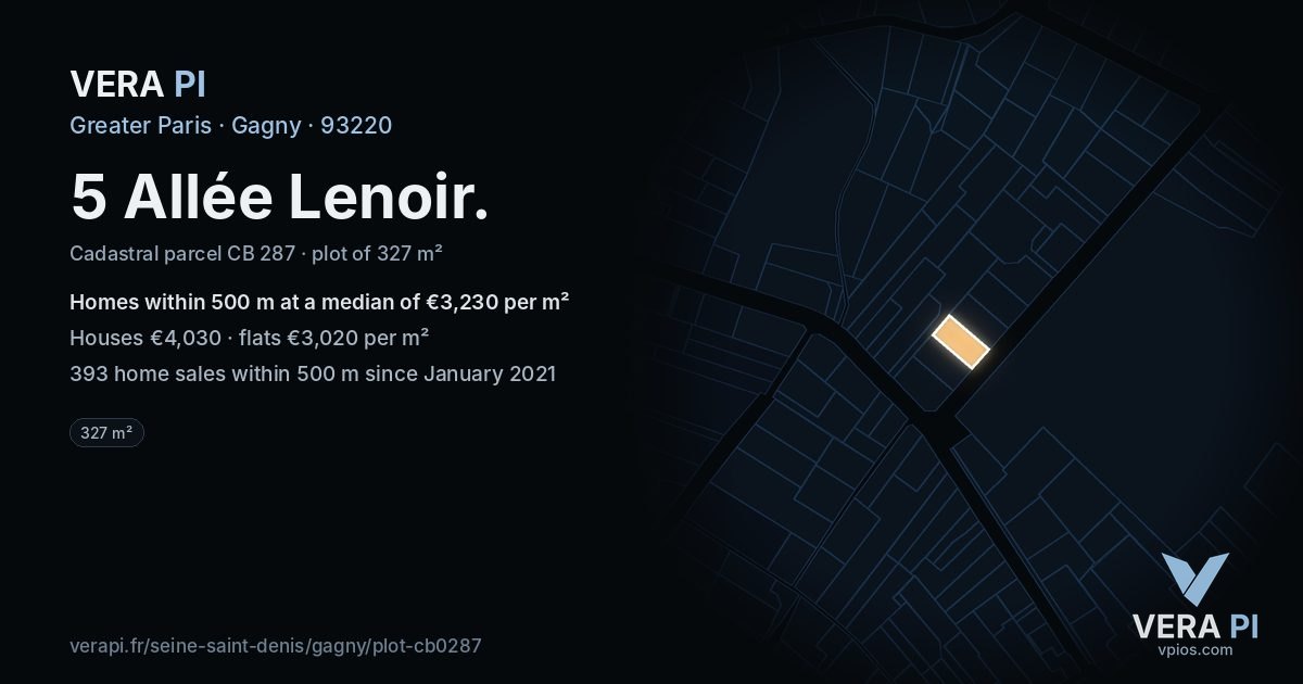 5 Allée Lenoir, Gagny at night – the plot lit, the parcels around coloured by the prices near them