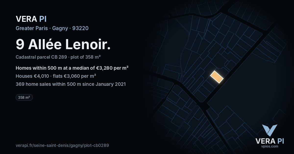 9 Allée Lenoir, Gagny at night – the plot lit, the parcels around coloured by the prices near them