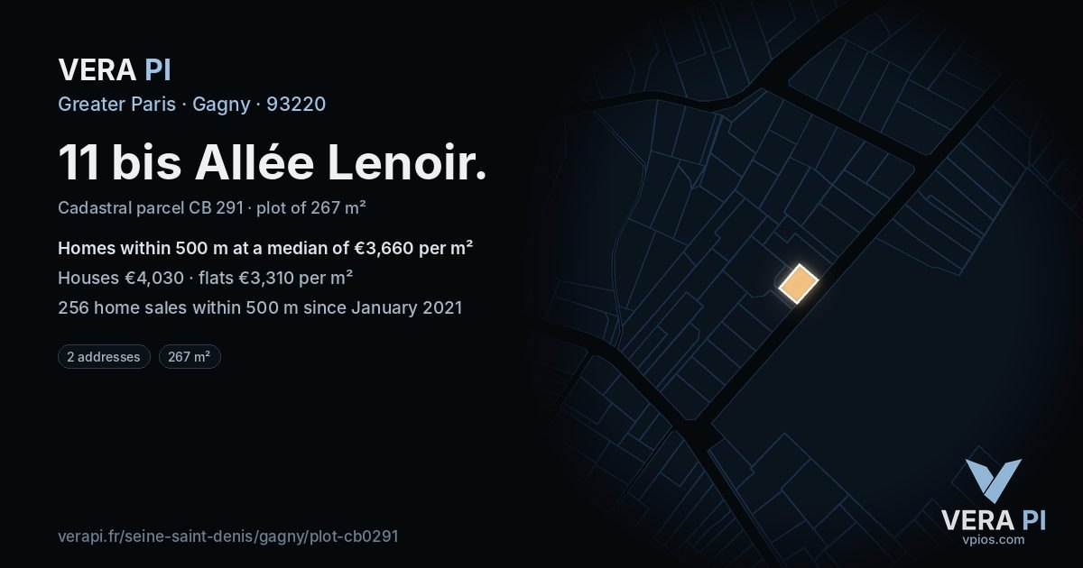 11 bis Allée Lenoir, Gagny at night – the plot lit, the parcels around coloured by the prices near them