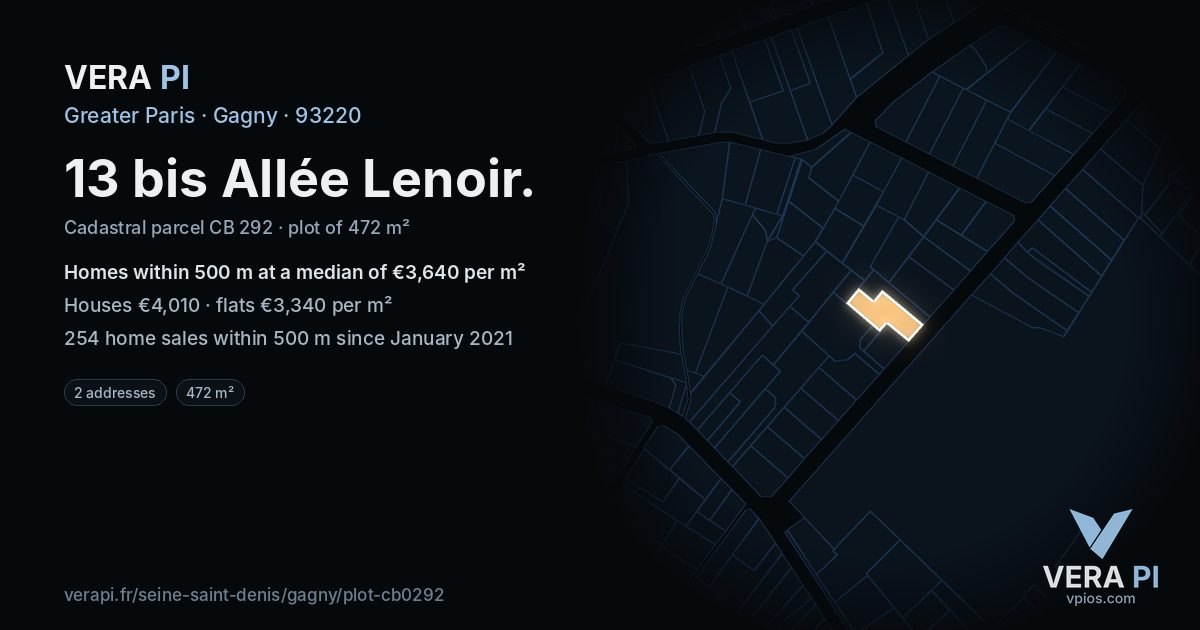 13 bis Allée Lenoir, Gagny at night – the plot lit, the parcels around coloured by the prices near them