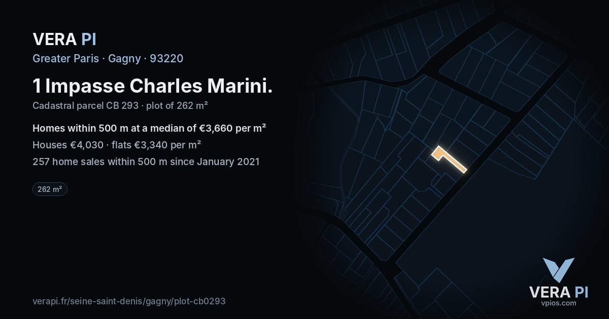 1 Impasse Charles Marini, Gagny at night – the plot lit, the parcels around coloured by the prices near them