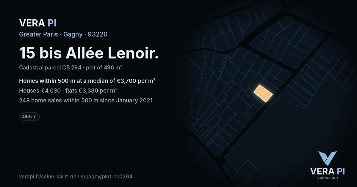 15 bis Allée Lenoir, Gagny at night – the plot lit, the parcels around coloured by the prices near them