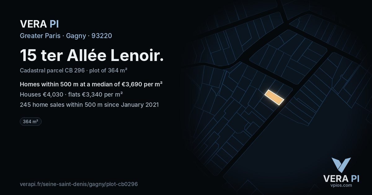15 ter Allée Lenoir, Gagny at night – the plot lit, the parcels around coloured by the prices near them