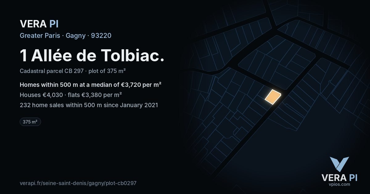 1 Allée de Tolbiac, Gagny at night – the plot lit, the parcels around coloured by the prices near them