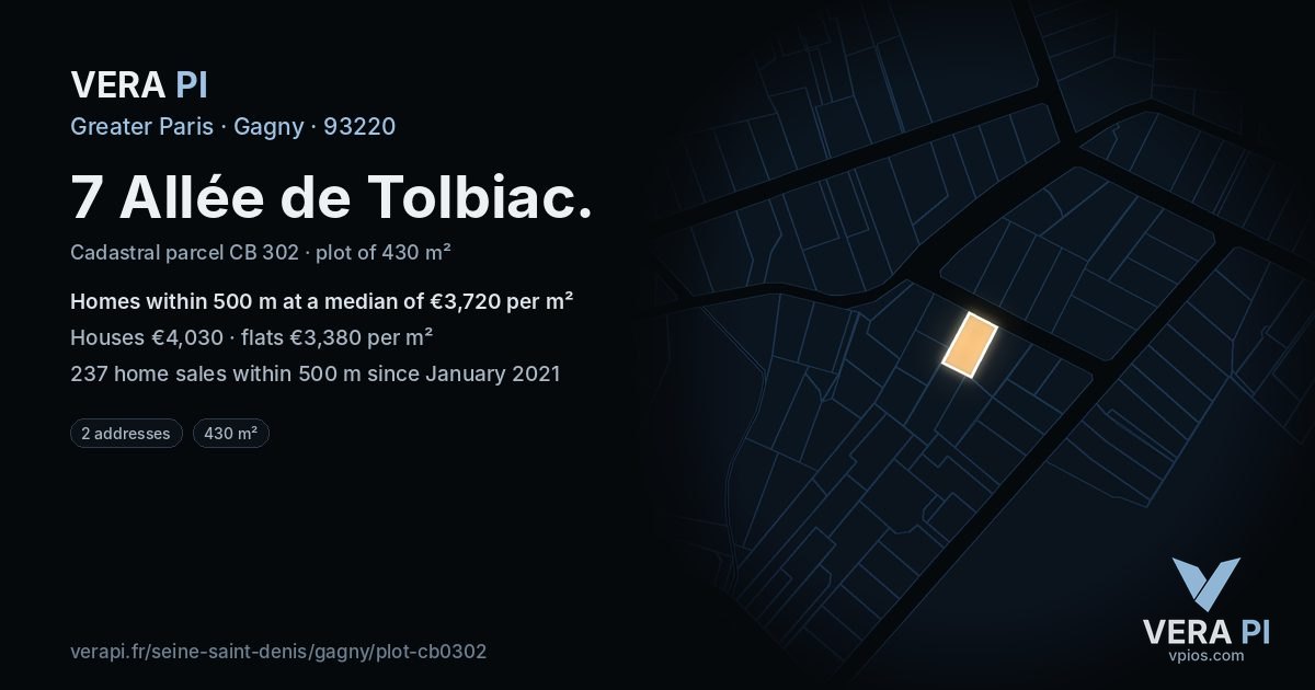 7 Allée de Tolbiac, Gagny at night – the plot lit, the parcels around coloured by the prices near them