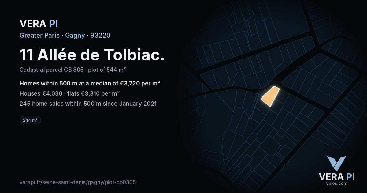 11 Allée de Tolbiac, Gagny at night – the plot lit, the parcels around coloured by the prices near them