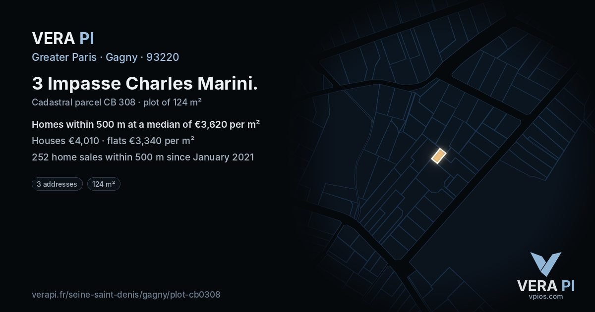 3 Impasse Charles Marini, Gagny at night – the plot lit, the parcels around coloured by the prices near them