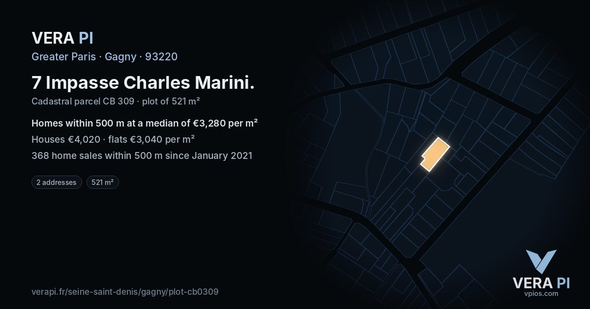 7 Impasse Charles Marini, Gagny at night – the plot lit, the parcels around coloured by the prices near them