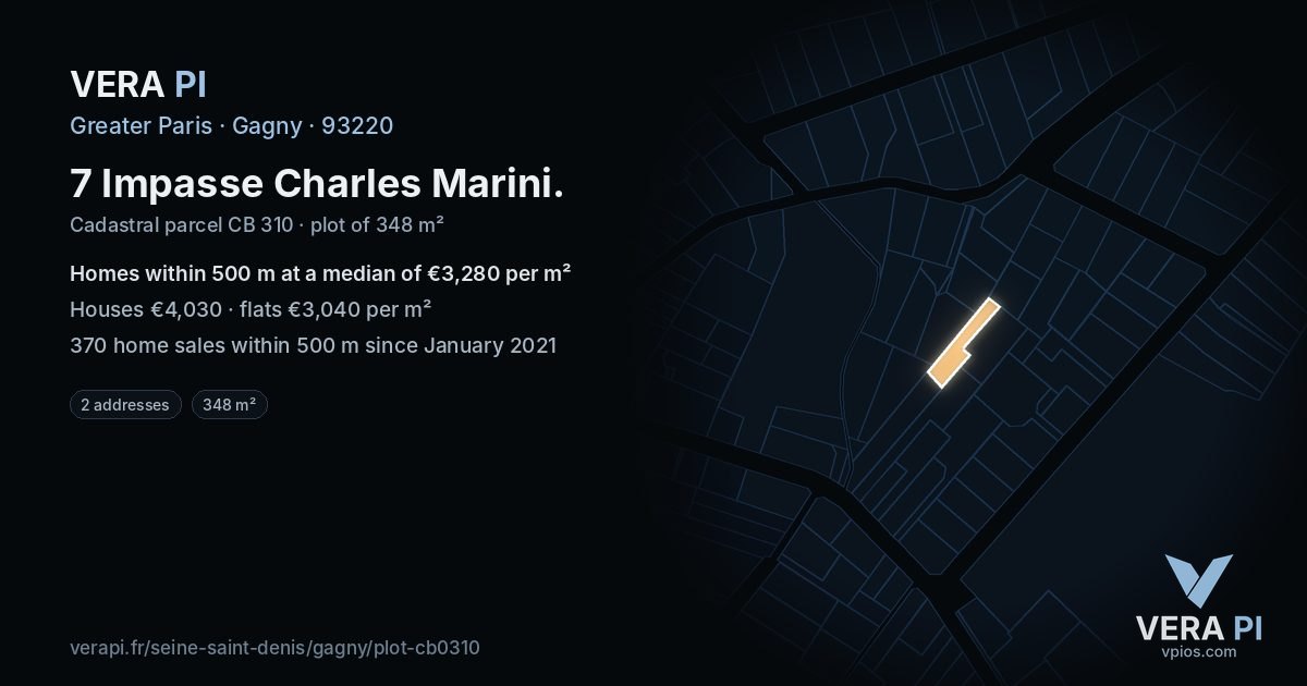 7 Impasse Charles Marini, Gagny at night – the plot lit, the parcels around coloured by the prices near them