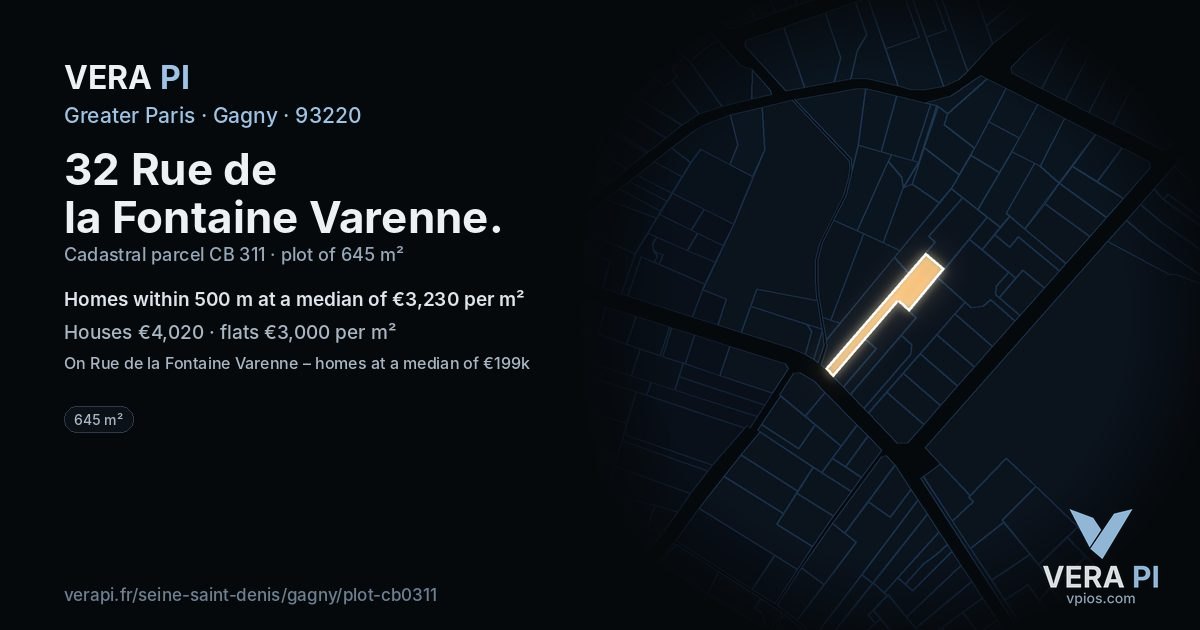 32 Rue de la Fontaine Varenne, Gagny at night – the plot lit, the parcels around coloured by the prices near them
