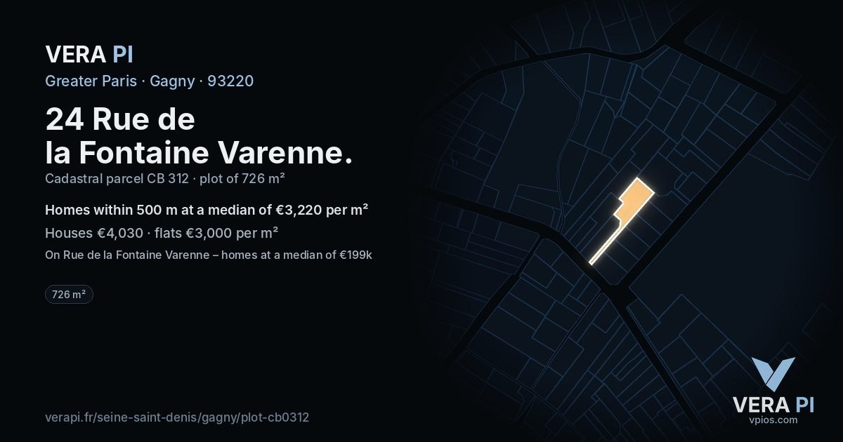 24 Rue de la Fontaine Varenne, Gagny at night – the plot lit, the parcels around coloured by the prices near them