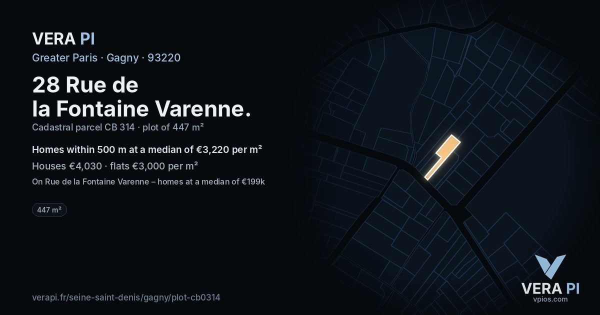 28 Rue de la Fontaine Varenne, Gagny at night – the plot lit, the parcels around coloured by the prices near them