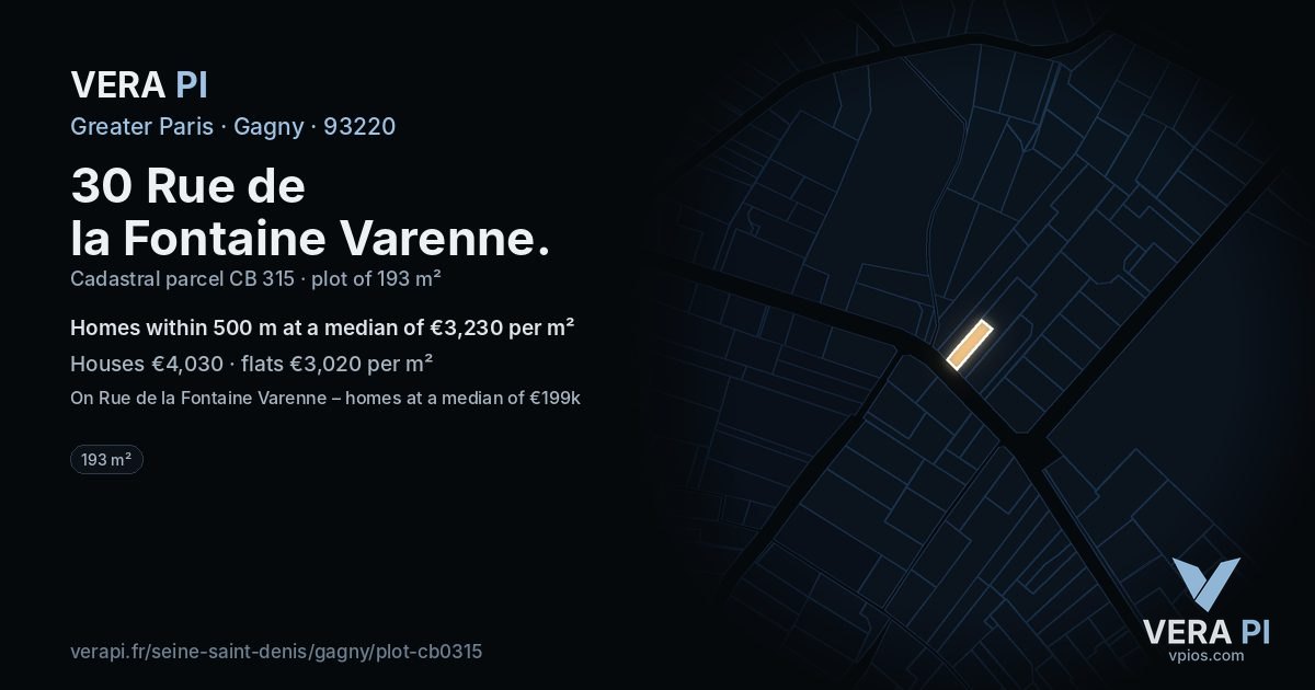 30 Rue de la Fontaine Varenne, Gagny at night – the plot lit, the parcels around coloured by the prices near them