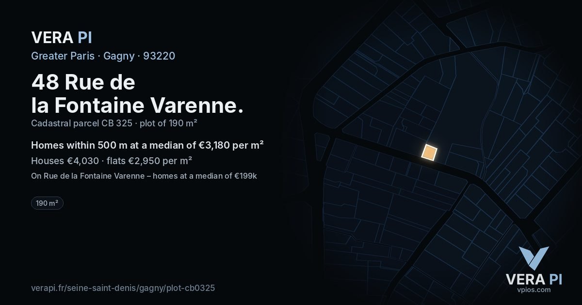 48 Rue de la Fontaine Varenne, Gagny at night – the plot lit, the parcels around coloured by the prices near them