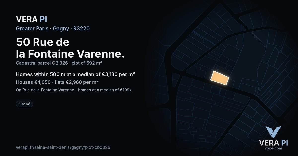 50 Rue de la Fontaine Varenne, Gagny at night – the plot lit, the parcels around coloured by the prices near them